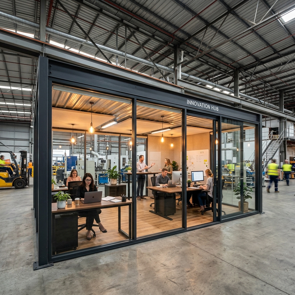 Modern prefabricated warehouse building with loading docks